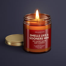 Load image into Gallery viewer, Smells Like A Sooners Win | Oklahoma Lucky Game Day Candle | Soy Wax Candle
