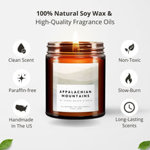 Load image into Gallery viewer, All-natural candle in a glass jar with 'Appalachian Mountains' label, surrounded by icons and text about candle features.