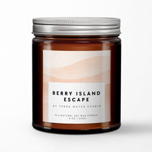 Load image into Gallery viewer, Soy wax candle jar labeled 'Berry Island Escape' by Terra Mater Studio on a white background