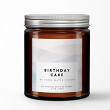 Load image into Gallery viewer, Candle jar labeled 'Birthday Cake' by Terra Mater Studio on a white background