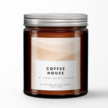 Load image into Gallery viewer, Coffee house soy wax candle in amber glass jar with a label on a white background