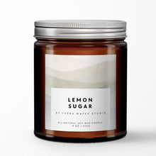 Load image into Gallery viewer, Candle jar labeled 'Lemon Sugar' by Terra Mater Studio on a white background