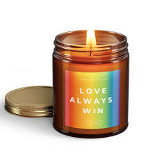Load image into Gallery viewer, love always win scented candle with lid on side