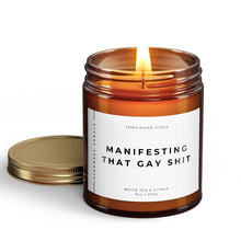 Load image into Gallery viewer, manifesting that gay shit scented candle with lid on side