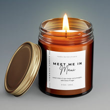Load image into Gallery viewer, meet me in maui mango pineapple candle with lid on side