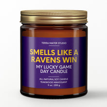 Load image into Gallery viewer, smells like a baltimore ravens win scented candle with lid