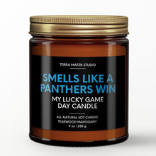 Load image into Gallery viewer, smells like a carolina panthers win scented candle with lid on
