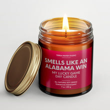 Load image into Gallery viewer, smells like a crimson tide alabama win scented candle with lid on side