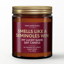 Load image into Gallery viewer, smells like a florida state seminoles win scented candle with lid on