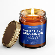 Load image into Gallery viewer, smells like a kentucky wildcats win scented candle with lid on side