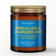 Load image into Gallery viewer, smells like a los angeles chargers win scented candle with lid on
