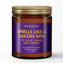 Load image into Gallery viewer, smells like a los angeles lakers win scented candle with lid on