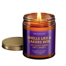 Load image into Gallery viewer, smells like a los angeles lakers win scented candle with lid on side