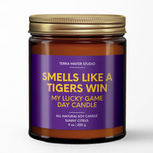 Load image into Gallery viewer, smells like a lsu tigers win scented candle with lid on