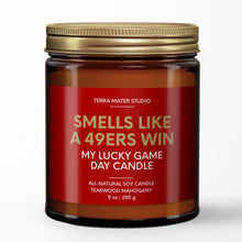 Load image into Gallery viewer, smells like a san francisco 49ers win scented candle with lid