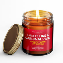 Load image into Gallery viewer, smells like a st louis cardinals win scented candle with lid on side
