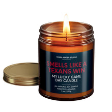 Load image into Gallery viewer, smells like a texans win scented candle with lid on side