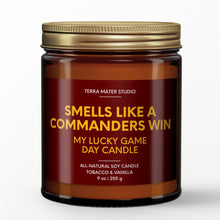 Load image into Gallery viewer, smells like a washington commanders win scented candle with lid on