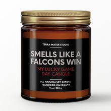 Load image into Gallery viewer, smells like an atlanta falcons win scented candle with lid on