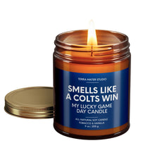 Load image into Gallery viewer, smells like an indianapolis colts win scented candle with lid on side