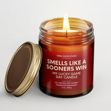 Load image into Gallery viewer, Smells Like A Sooners Win Lucky Game Day Candle | Sooners Merch | 50+ Hour Burn