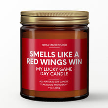 Load image into Gallery viewer, smells like detroit red wings win scented candle with lid on
