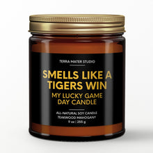 Load image into Gallery viewer, smells like a mizzou tigers win scented candle with lid on