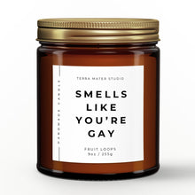 Load image into Gallery viewer, smells like you're gay scented candle with lid on