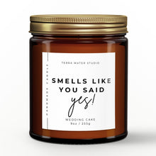 Load image into Gallery viewer, smells like you said yes engagement scented candle with lid on