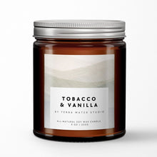Load image into Gallery viewer, Soy wax candle jar labeled 'Tobacco & Vanilla' by Terra Mater Studio on a white background