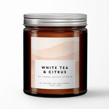 Load image into Gallery viewer, Soy wax candle jar labeled 'White Tea & Citrus' by Terra Mater Studio on a white background