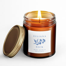 Load image into Gallery viewer, personalized scented candle with lid on side for couple
