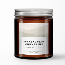 Load image into Gallery viewer, Soy wax candle jar labeled 'Appalachian Mountains' by Terra Mater Studio on a white background

