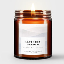 Load image into Gallery viewer, Lavender Garden scented candle by Terra Mater Studio with a white label on a light gray background

