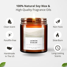 Load image into Gallery viewer, Scented Candle labeled 'Lemon Sugar' with features listed on a white background
