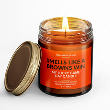 Load image into Gallery viewer, Smells Like A Browns Win Lucky Game Day Candle | Browns Merch | 50+ Hour Burn
