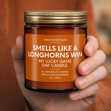 Load image into Gallery viewer, Smells Like A Longhorns Win Lucky Game Day Candle | Longhorns Merch | 50+ Hour Burn
