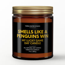 Load image into Gallery viewer, smells like a pittsburgh penguin win scented candle with lid on
