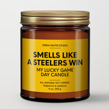 Load image into Gallery viewer, Smells Like A Steelers Win Lucky Game Day Candle | Steelers Merch | 50+ Hour Burn
