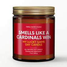 Load image into Gallery viewer, smells like a st louis cardinals win scented candle with lid on
